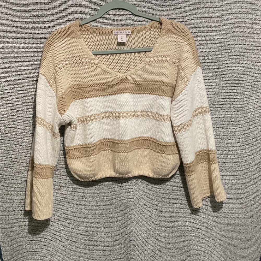 Sincerely Jules Beige and White V-Neck Sweater